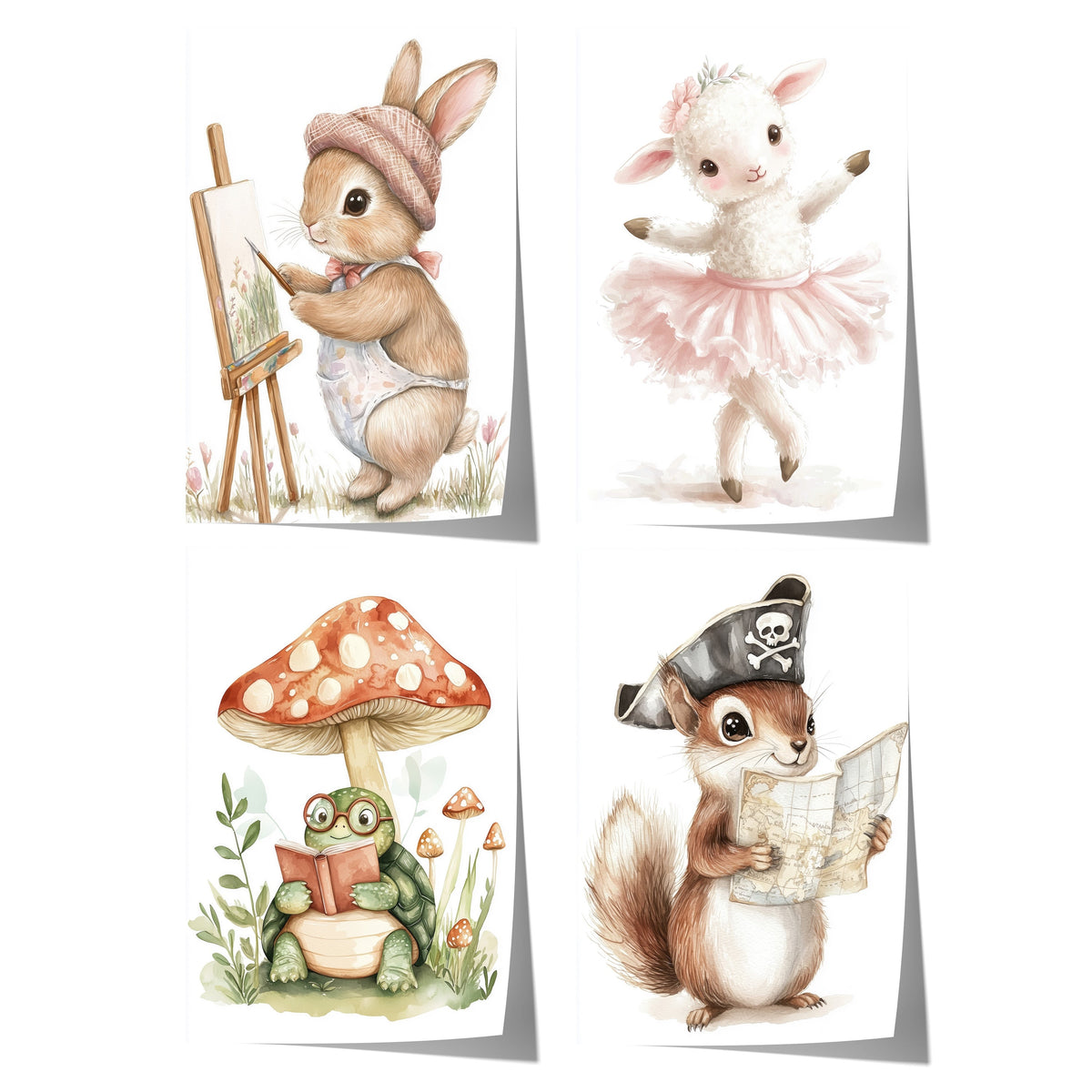 Tiere Kinderzimmer Süß Aquarell Hase Schaf Schildkröte Eichhörnchen Poster · Kinderzimmer Bilder · Wand Deko · Kunst Druck · Deko Print ohne Rahmen