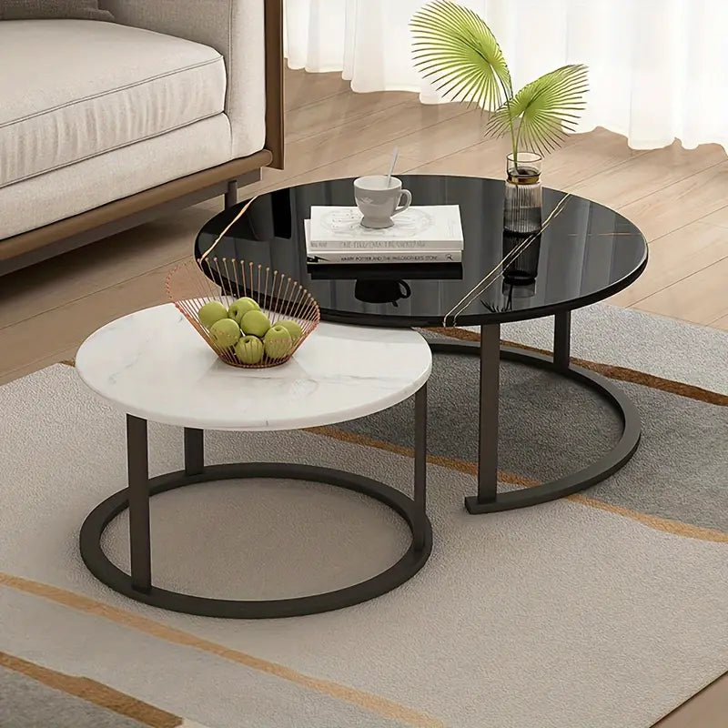 Elegance in Contrast: Set of 2 Round Nesting Marble Coffee Tables in Style9: Black and White