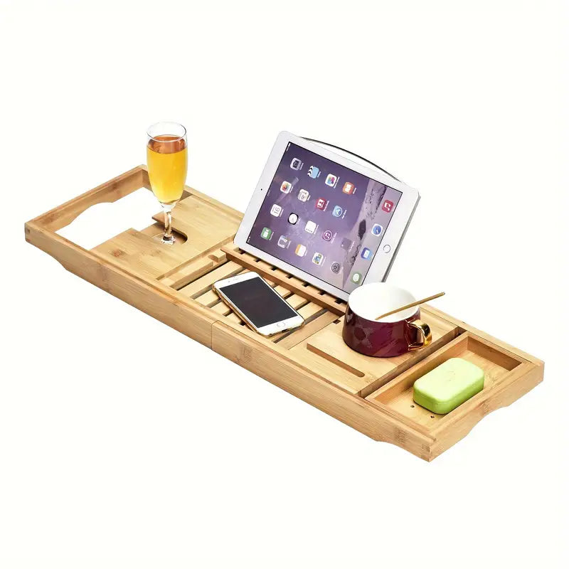 Stretchable Bamboo Bathtub and Bath Storage Rack - Natural Color