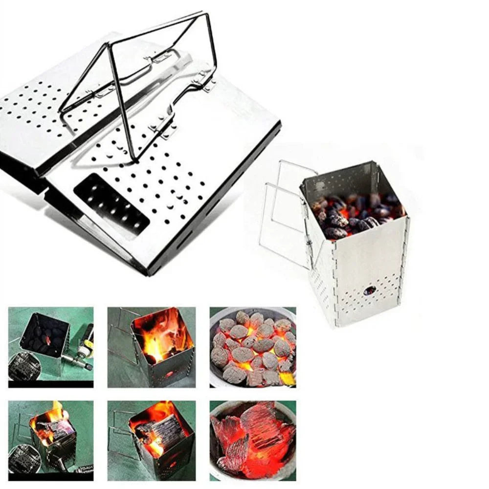 Portable Charcoal Starter & Folding BBQ Grill Stainless Steel Silver