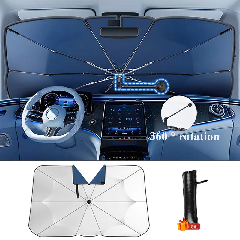 Car Sunshade Windshield Umbrella 360 Rotating Handle White