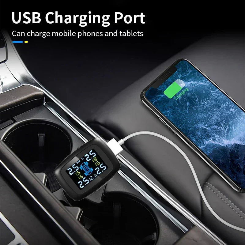 Smart USB Wireless Tire Pressure Monitoring System with Solar Charging Black