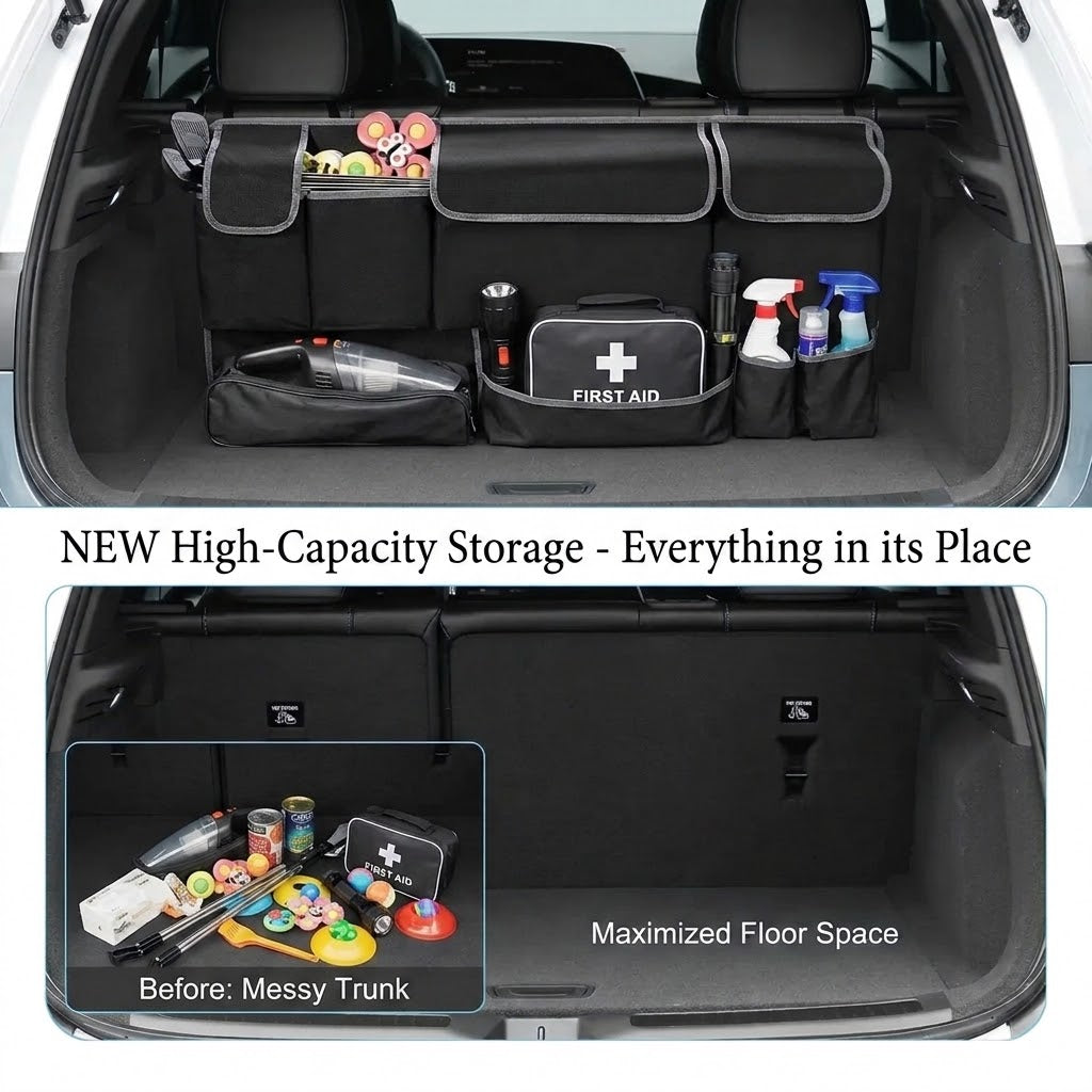 2-in-1 Car Trunk & Backseat Organizer High-Capacity Oxford Storage Bag Black